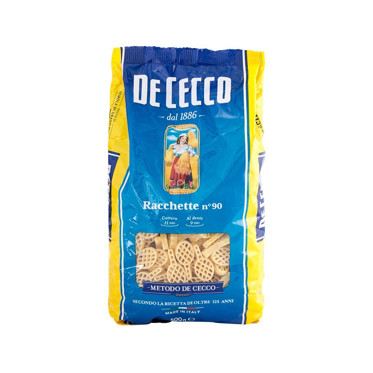 De Cecco Racchette pasta #90 500g, front of blue yellow bag with pasta shapes
