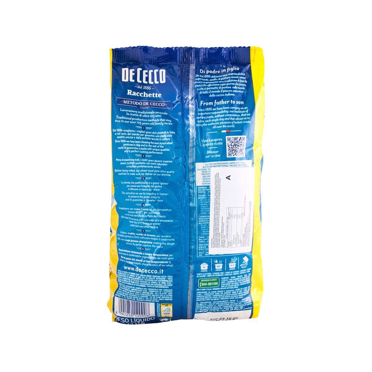 De Cecco Racchette pasta #90 500g, back of blue yellow bag with ingredients and barcode