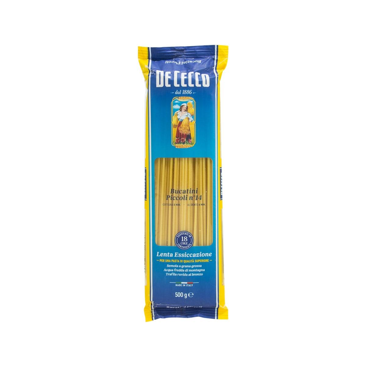 DE CECCO bucatini pasta 500g pouch, yellow front with Bucatini label