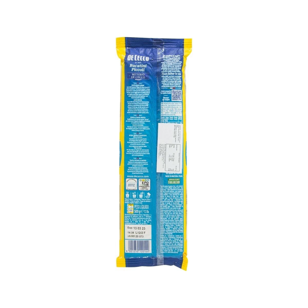 DE CECCO bucatini pasta 500g pouch, back panel with ingredients and nutrition text