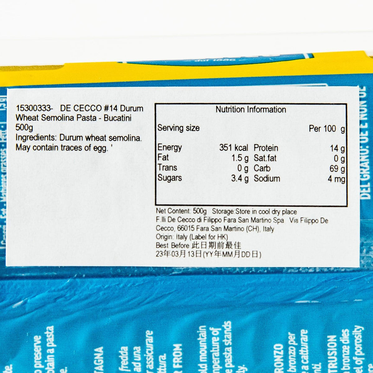 DE CECCO bucatini pasta 500g nutrition label with ingredients and serving information