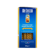 De Cecco curly lasagne pasta box, blue and yellow front with pasta shape window