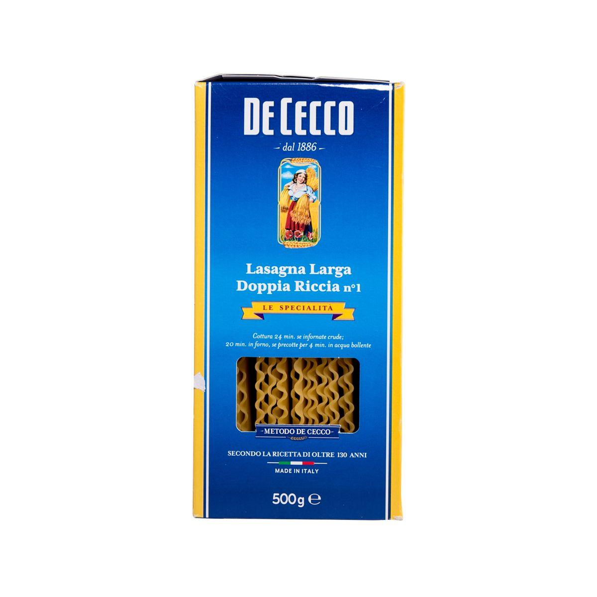 De Cecco curly lasagne pasta box, blue and yellow front with pasta shape window