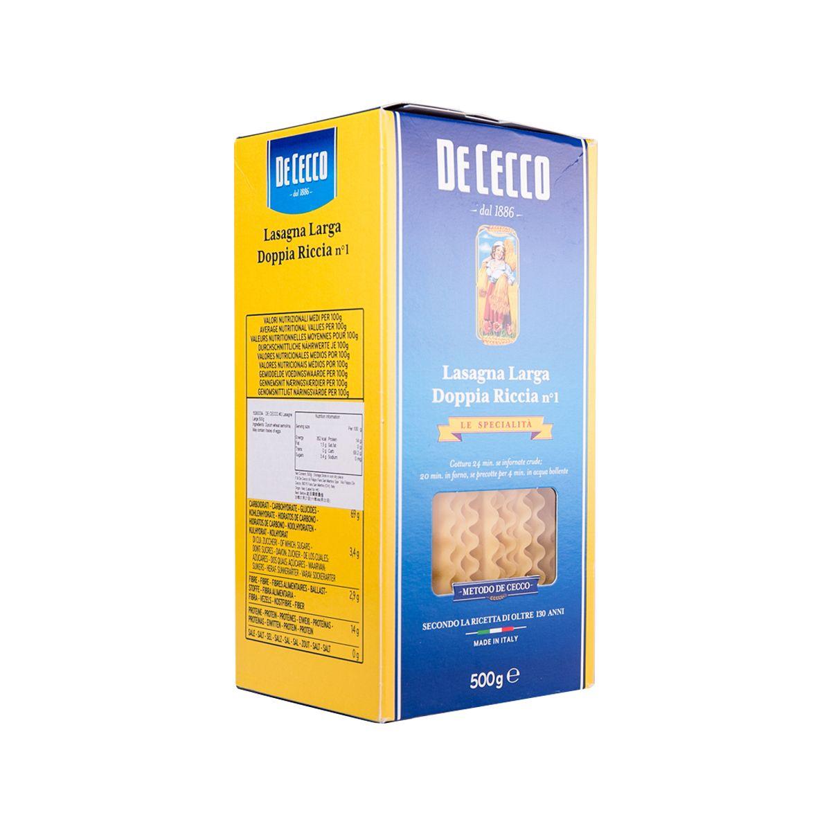 De Cecco curly lasagne pasta box, side view with product info and wavy pasta illustration