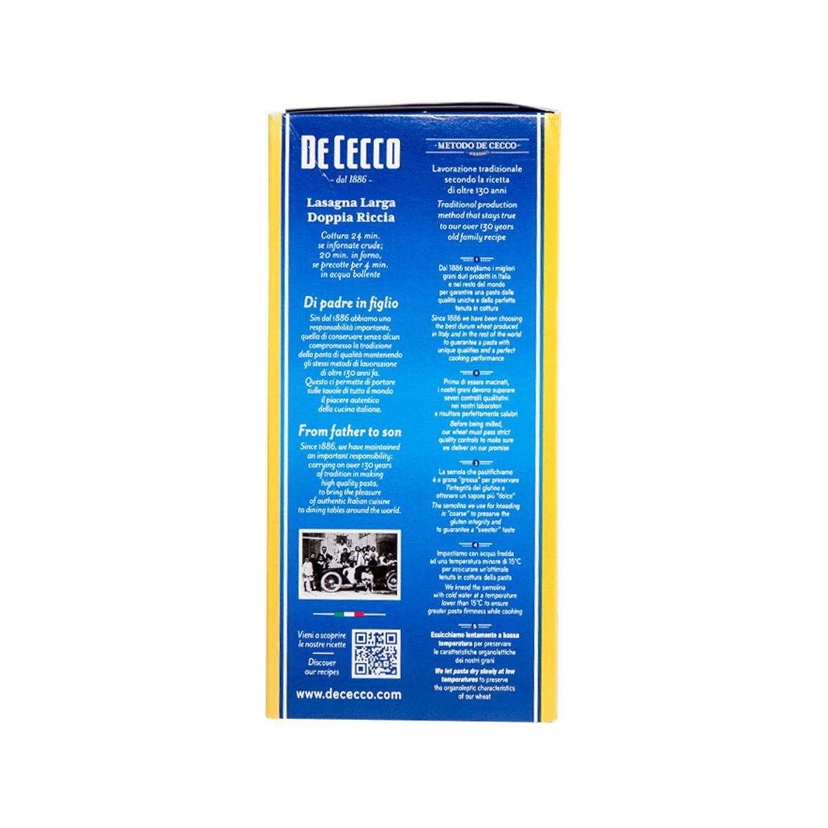 De Cecco curly lasagne pasta box, back panel with detailed ingredient and cooking text