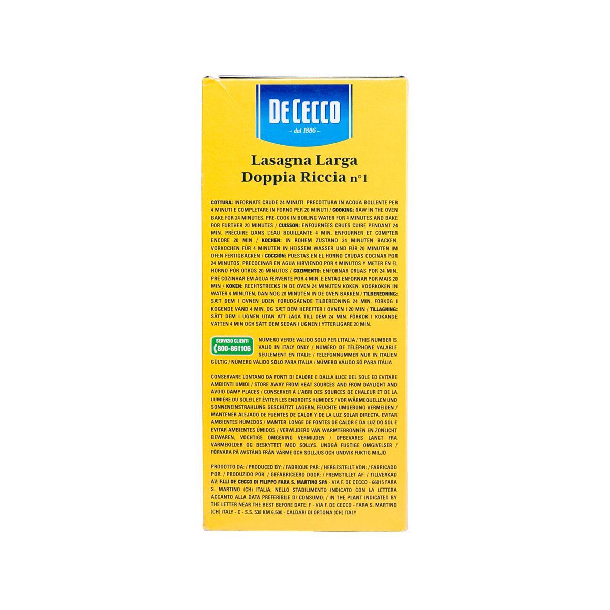 De Cecco curly lasagne pasta box, back panel filled with ingredient and allergen text