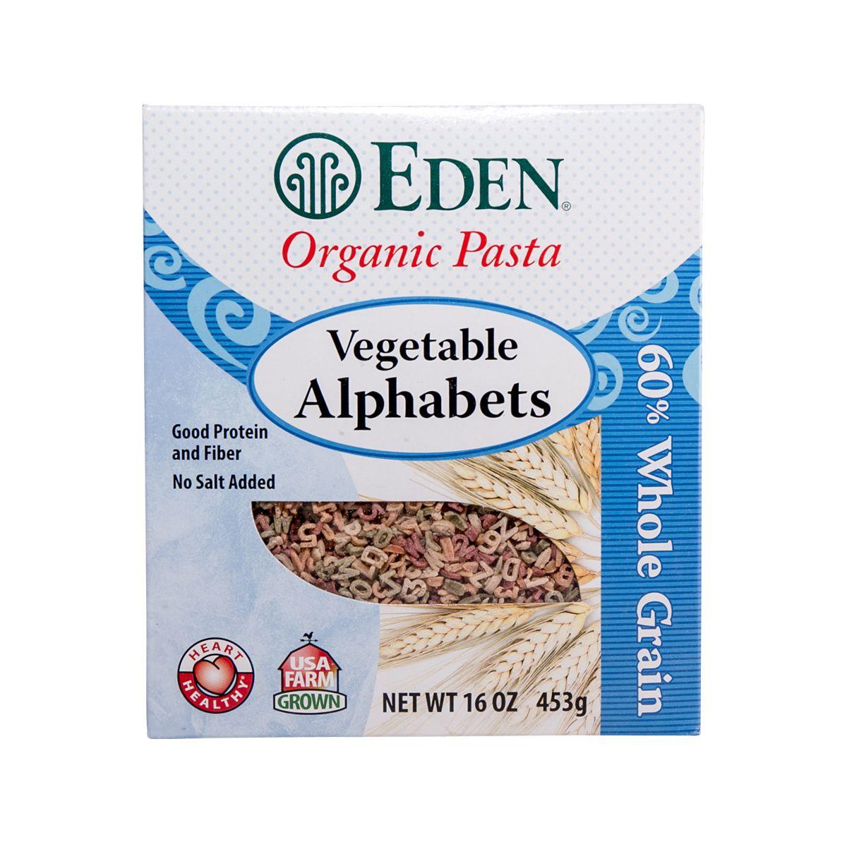 EDEN Organic Pasta Vegetable Alphabets bag, 453g, whole grain alphabet shapes