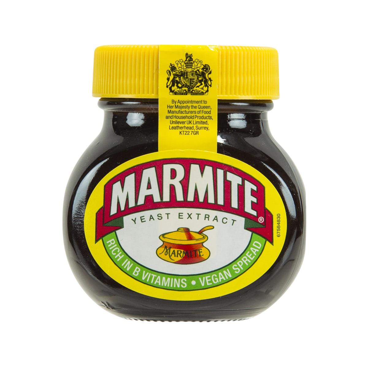 MARMITE yeast extract jar with yellow cap and circular front label