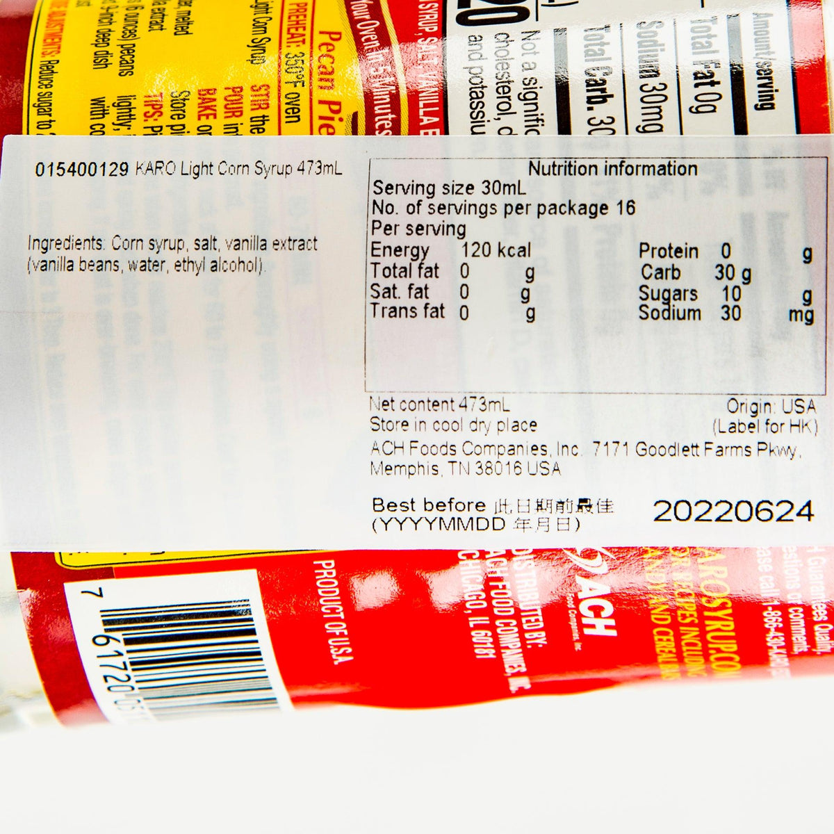Light corn syrup 473 mL nutrition facts and barcode label, close-up