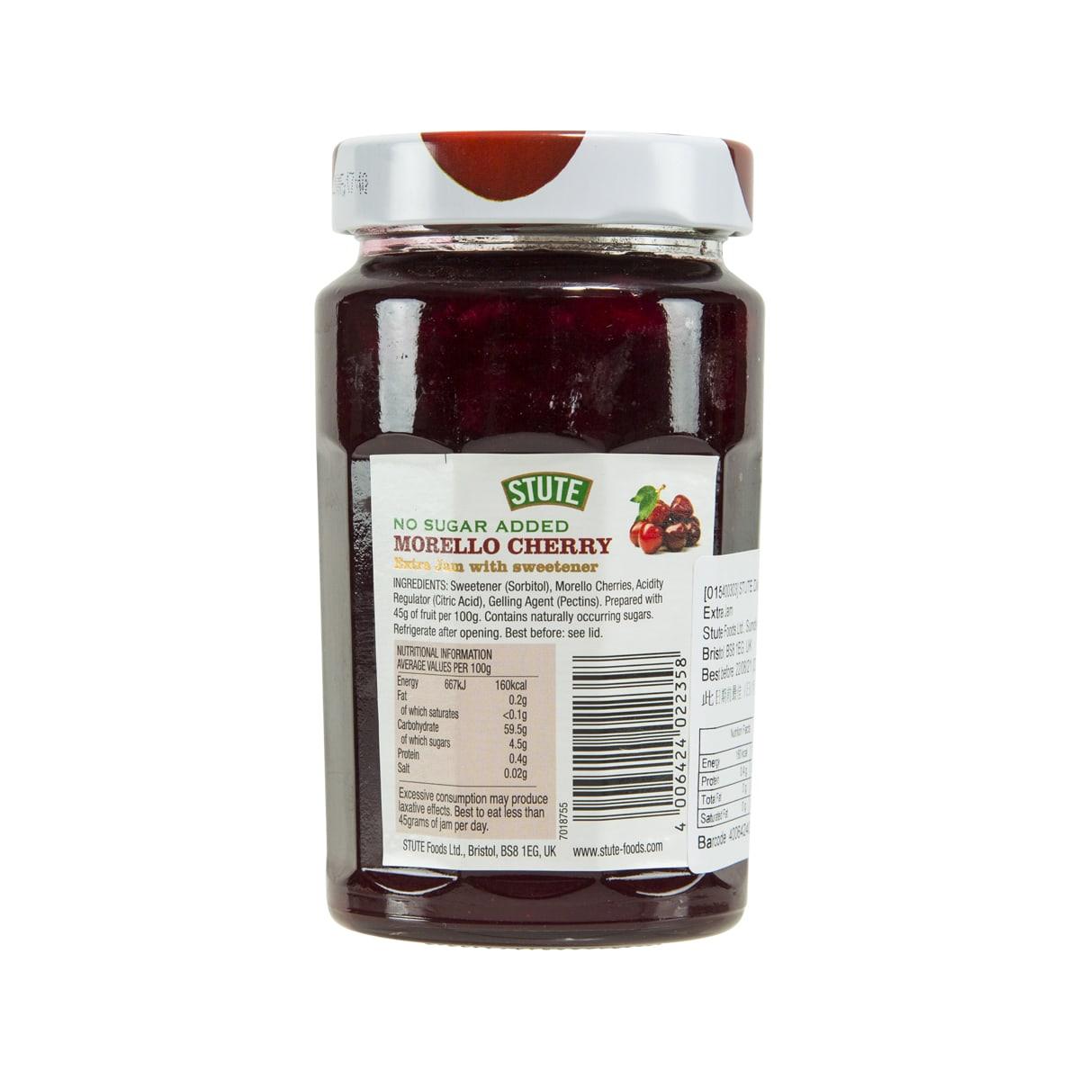 STUTE Diabetic Morello cherry extra jam jar, back label, no sugar added