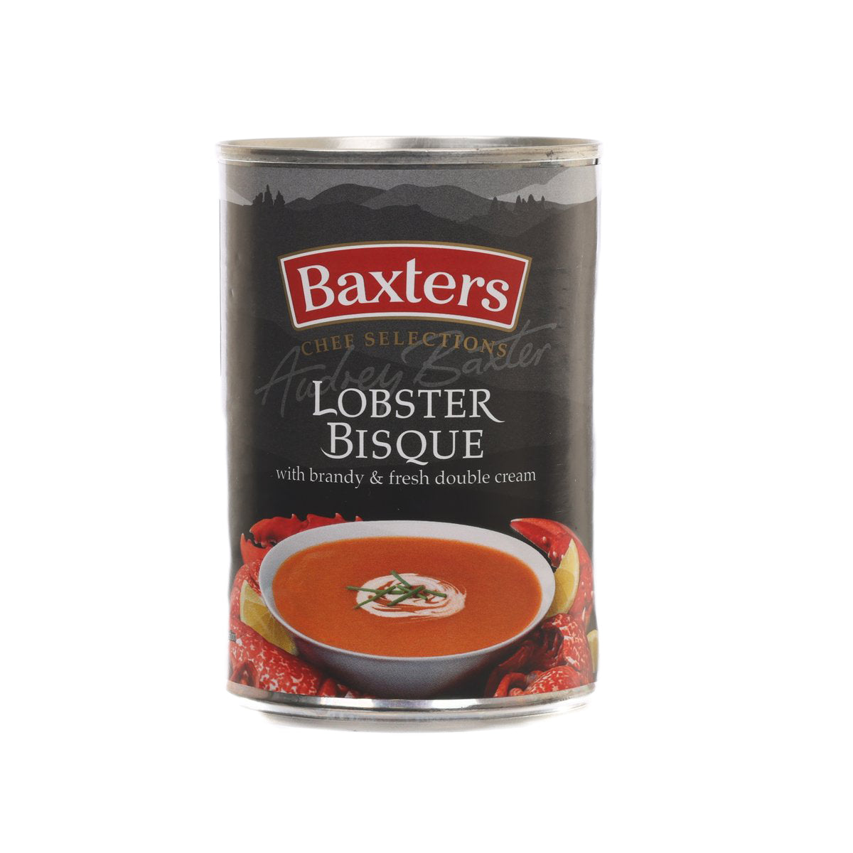 Baxters lobster bisque can with brandy and double cream, front label and soup bowl