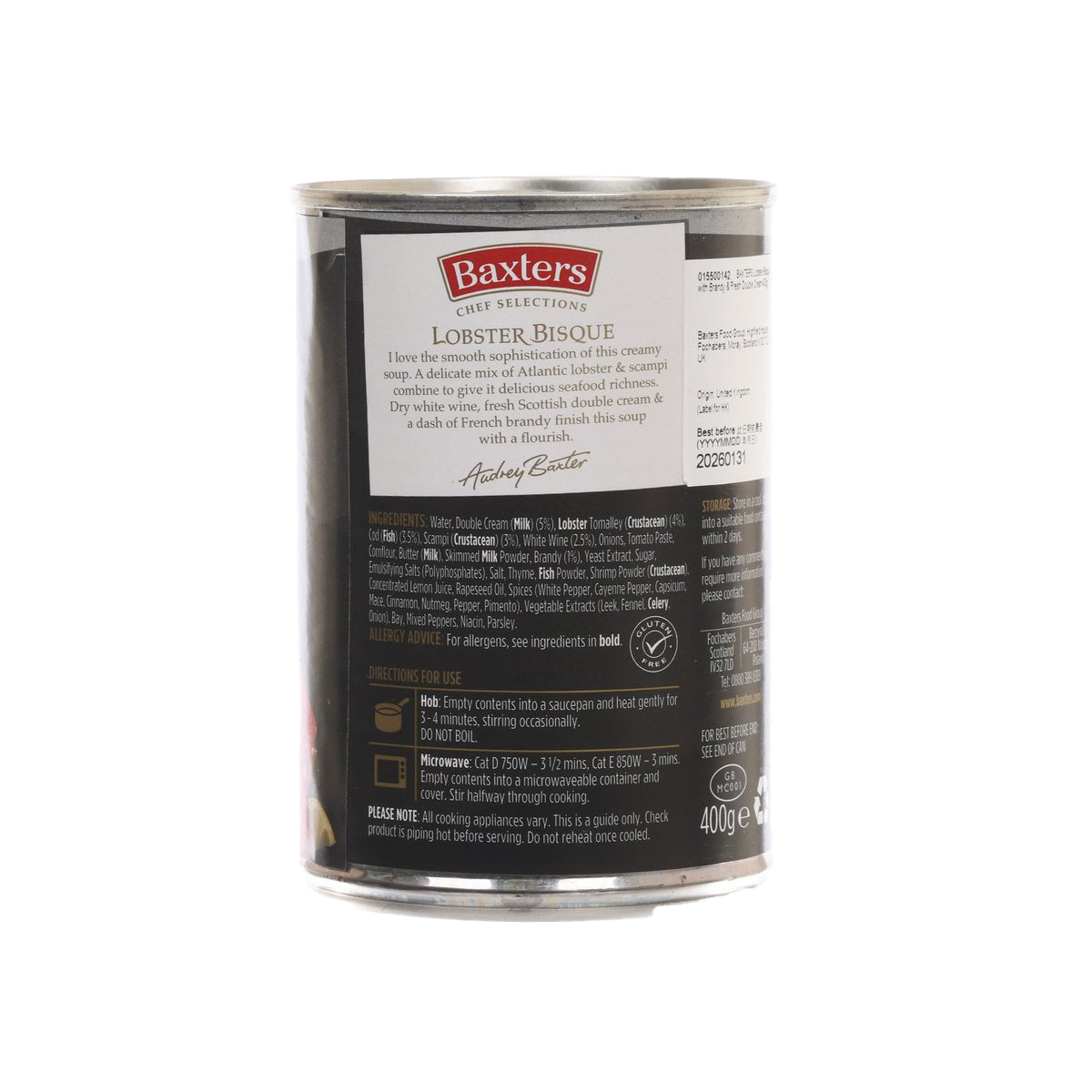 Baxters lobster bisque can, back label showing ingredients and serving details