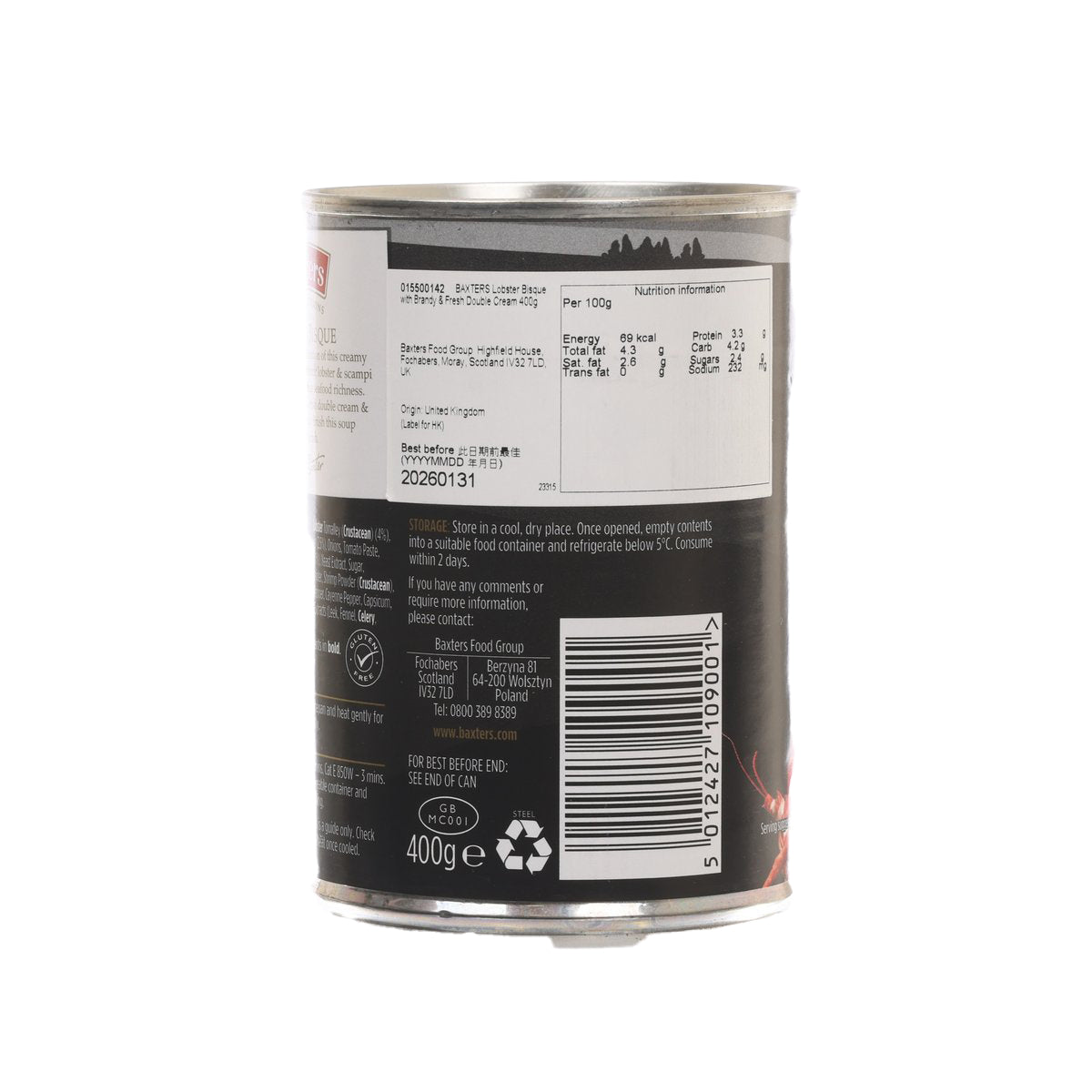 Baxters lobster bisque can, back panel with barcode and storage info