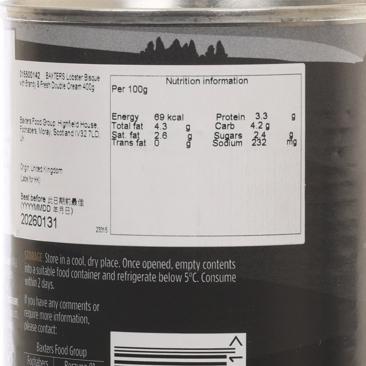 Baxters lobster bisque can, nutrition information label close-up