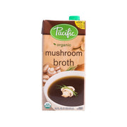 Organic mushroom broth carton with green cap and Pacific label