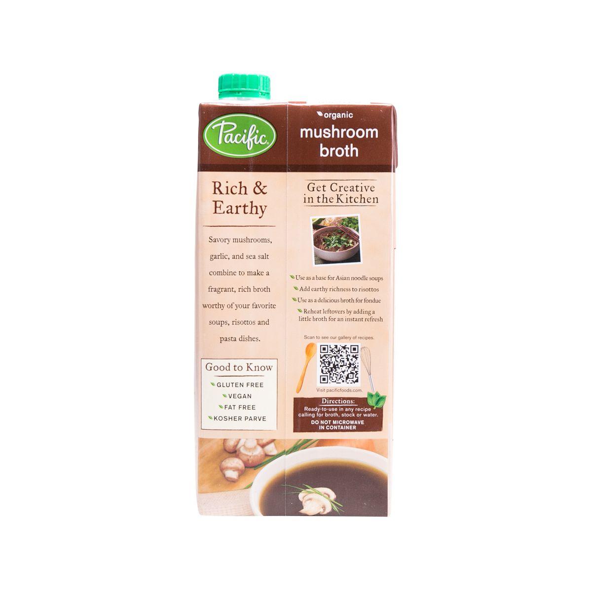 Organic mushroom broth carton showing cooking directions and ingredient panels