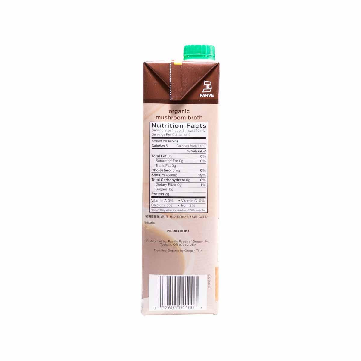 Organic mushroom broth carton back with Nutrition Facts label and barcode