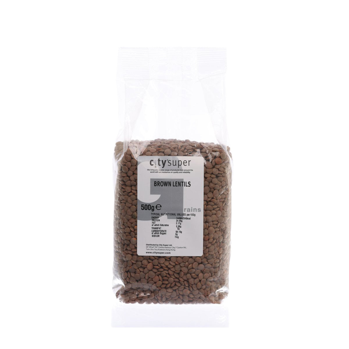 Brown lentils bag, 500g, clear plastic with front label and logo