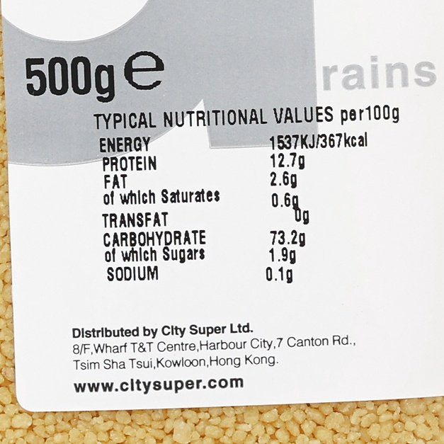 Couscous nutrition facts panel with typical values per 100 g