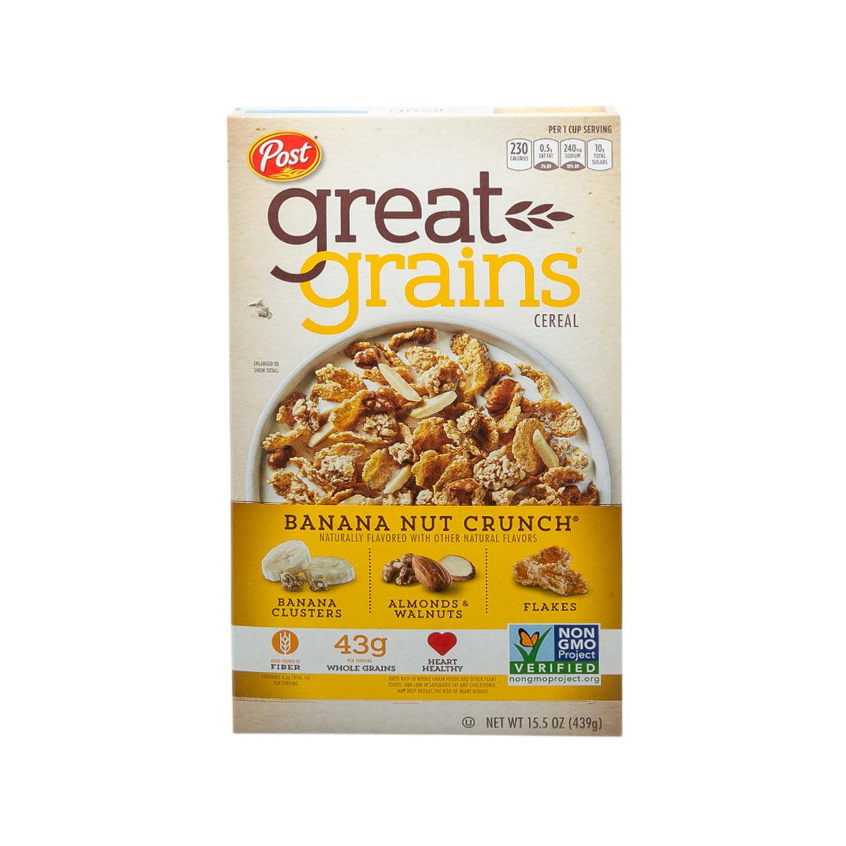 Banana Nut Crunch whole grain cereal box with flakes, almonds, walnuts and bananas