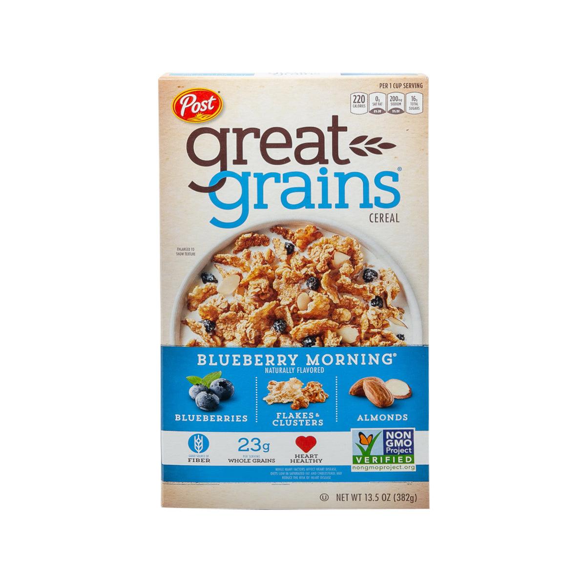 Great Grains Blueberry Morning whole grain cereal box, front view, 382 g
