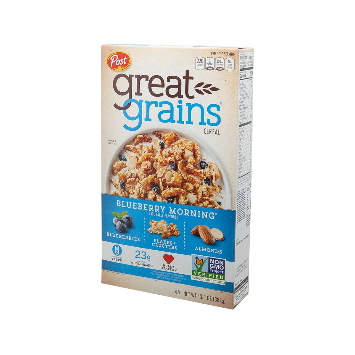 Great Grains Blueberry Morning whole grain cereal box, side/back view