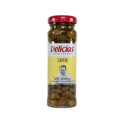 Delicias capers jar with red cap and glass container of green capers