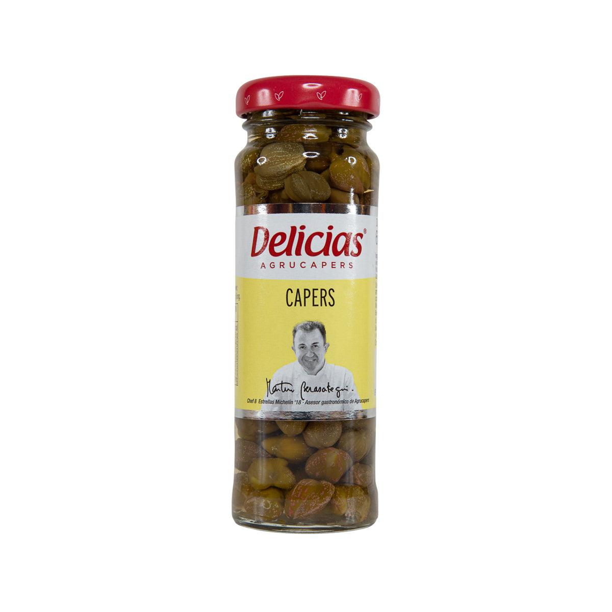 Delicias capers jar with red cap and glass container of green capers