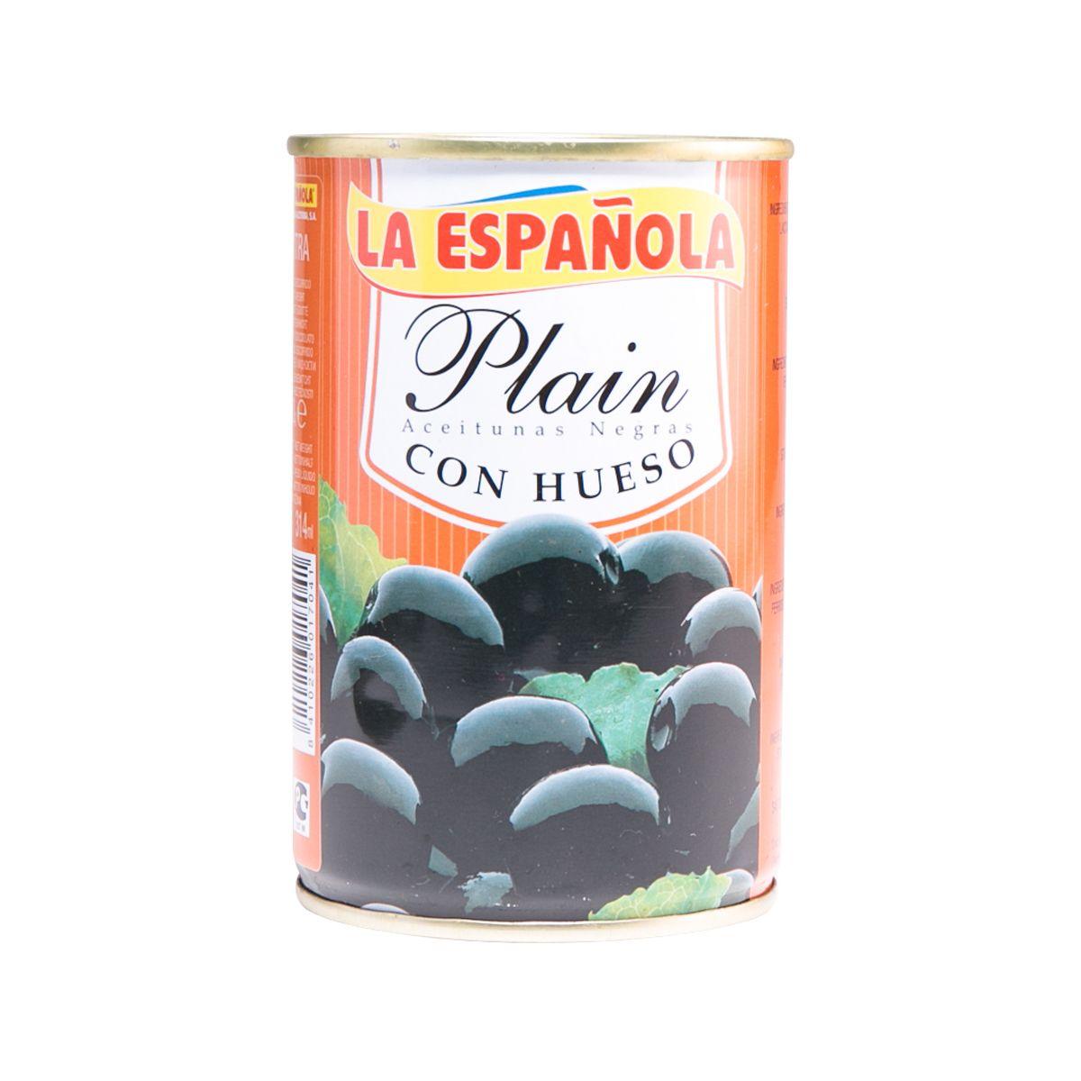 Canned whole black olives in metal can, LA ESPANOLA front label