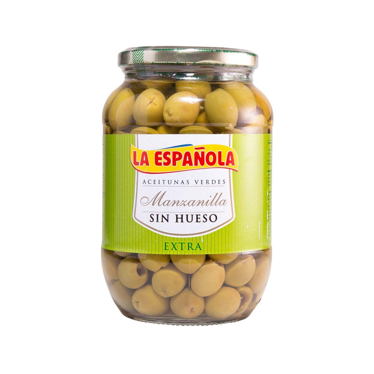 Jar of pitted green manzanilla olives, LA ESPANOLA, front label