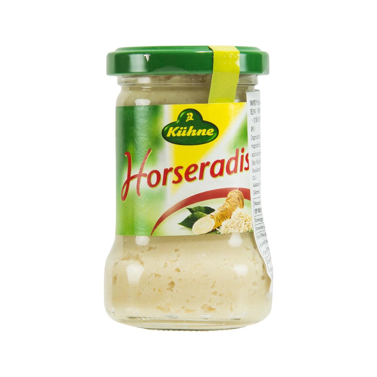 KUHNE horseradish jar with green lid and label, 140 g