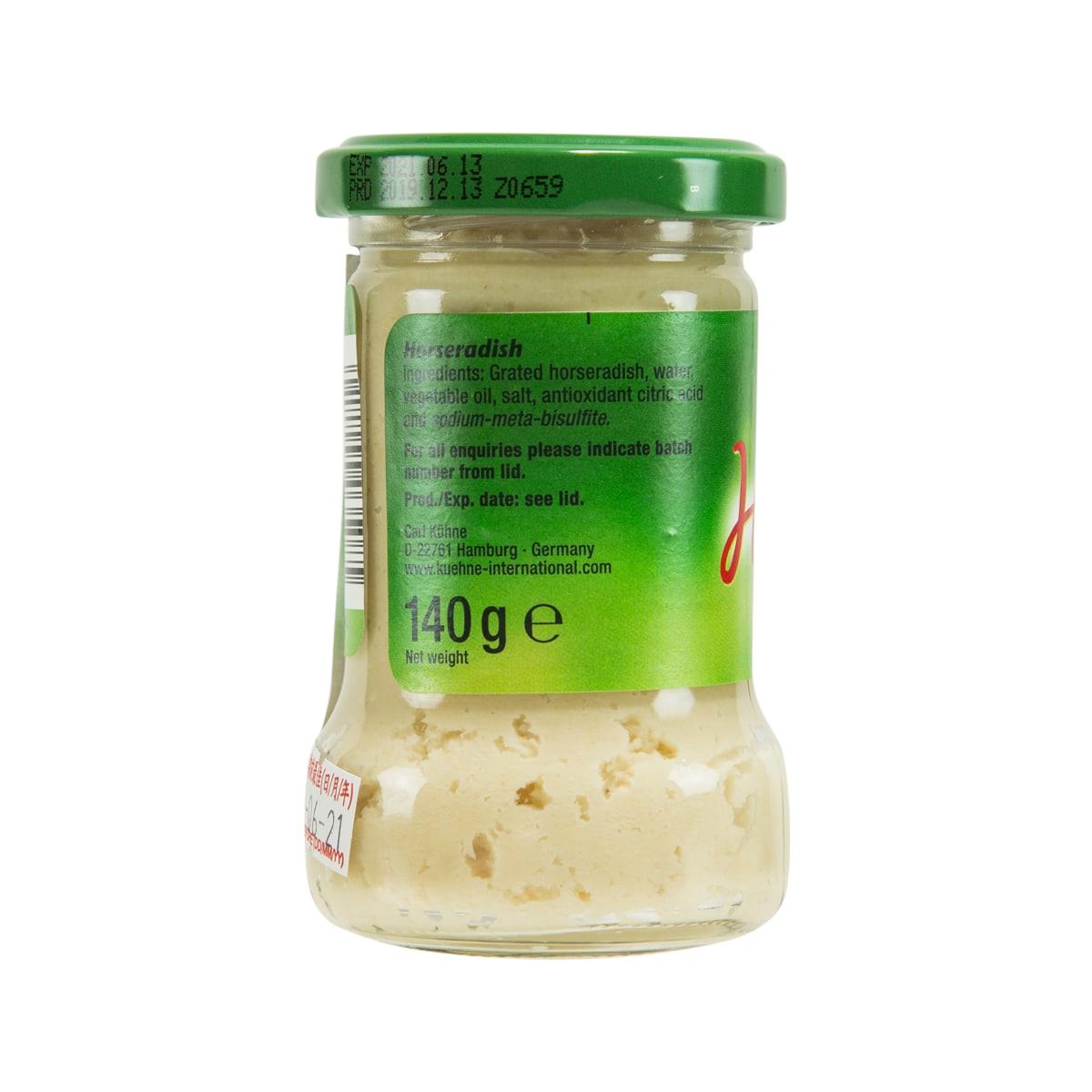 KUHNE horseradish jar back label, green lid, 140 g net weight