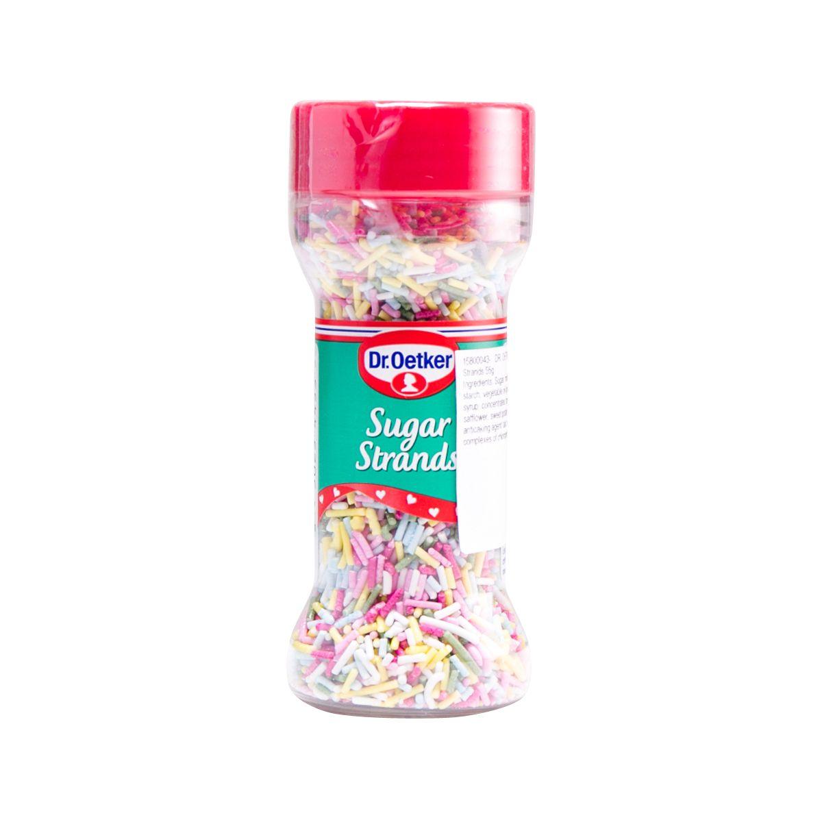 DR.OETKER colored sugar strands sprinkle bottle with pink cap and mixed pastel sprinkles