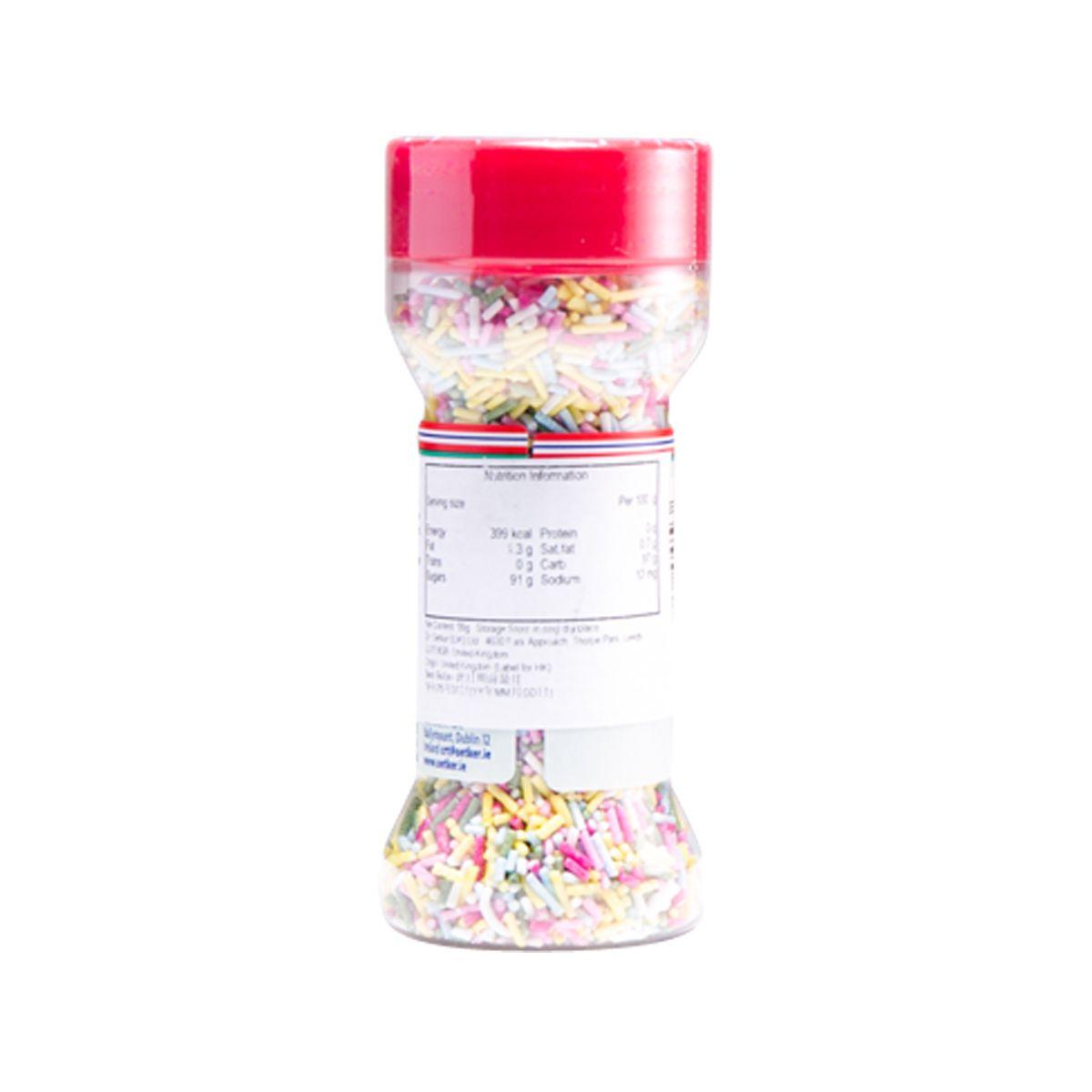 DR.OETKER colored sugar strands bottle showing label panel and multicolor sprinkles