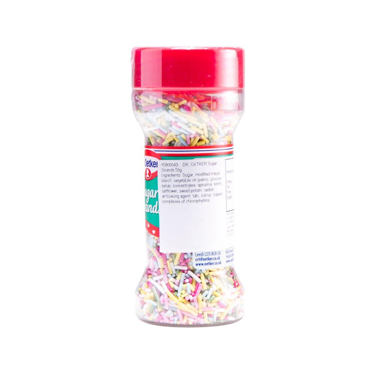 DR.OETKER colored sugar strands sprinkle bottle with printed ingredient panel and pastel strands