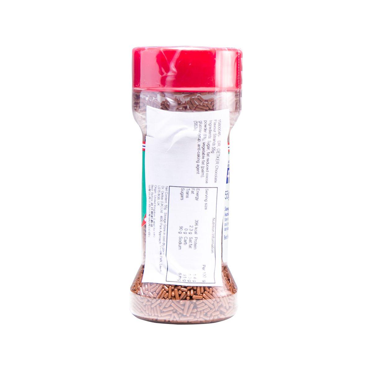 Dr. Oetker chocolate flavour strands 55g bottle, back label with ingredient text