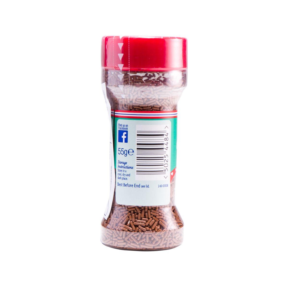 Dr. Oetker chocolate flavour strands 55g bottle, side label with brown sprinkles