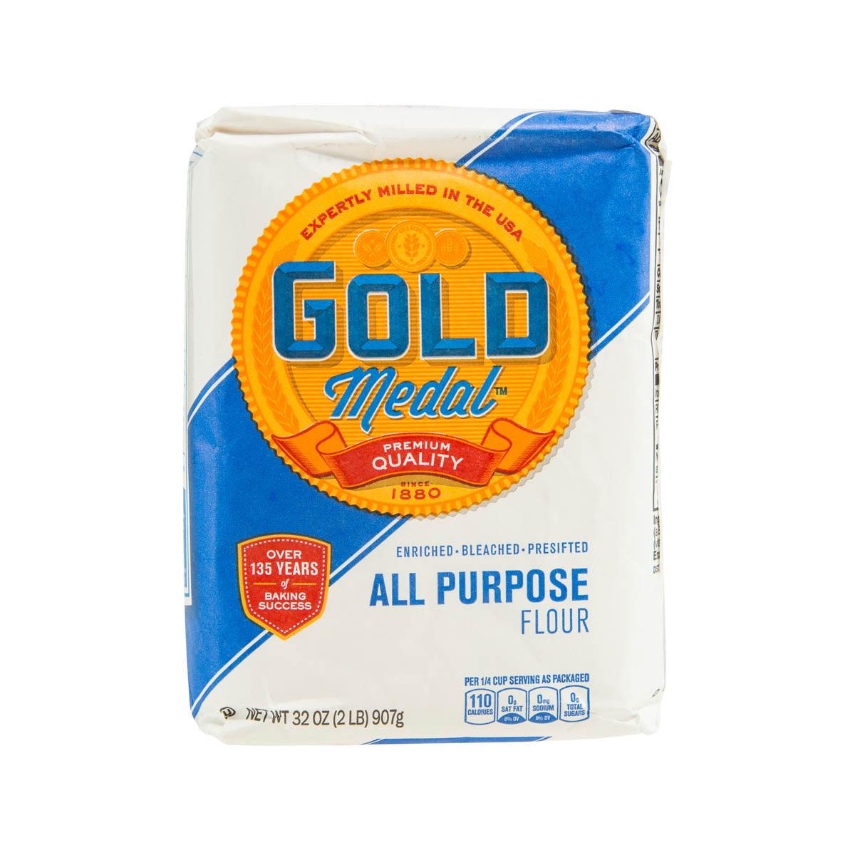 GOLD Medal all-purpose flour bag, white with blue/orange branding and seal