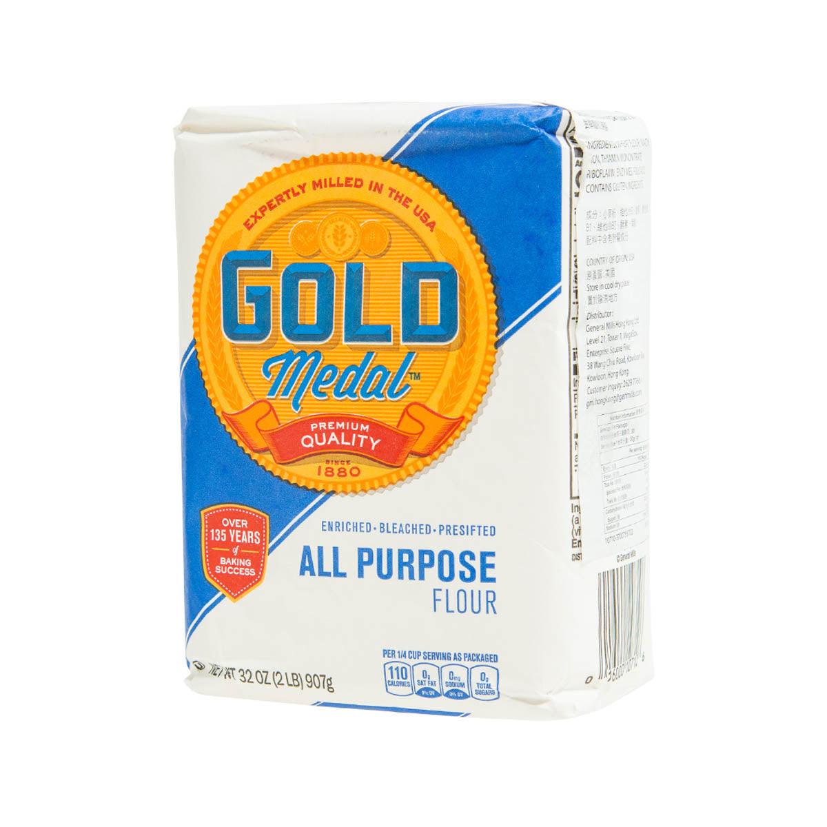 GOLD Medal all-purpose flour bag with side panel, white and blue packaging