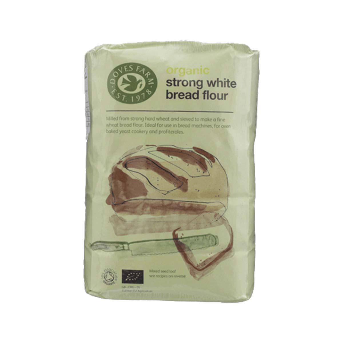 Doves Farm organic strong white bread flour bag, 1.5kg, printed label