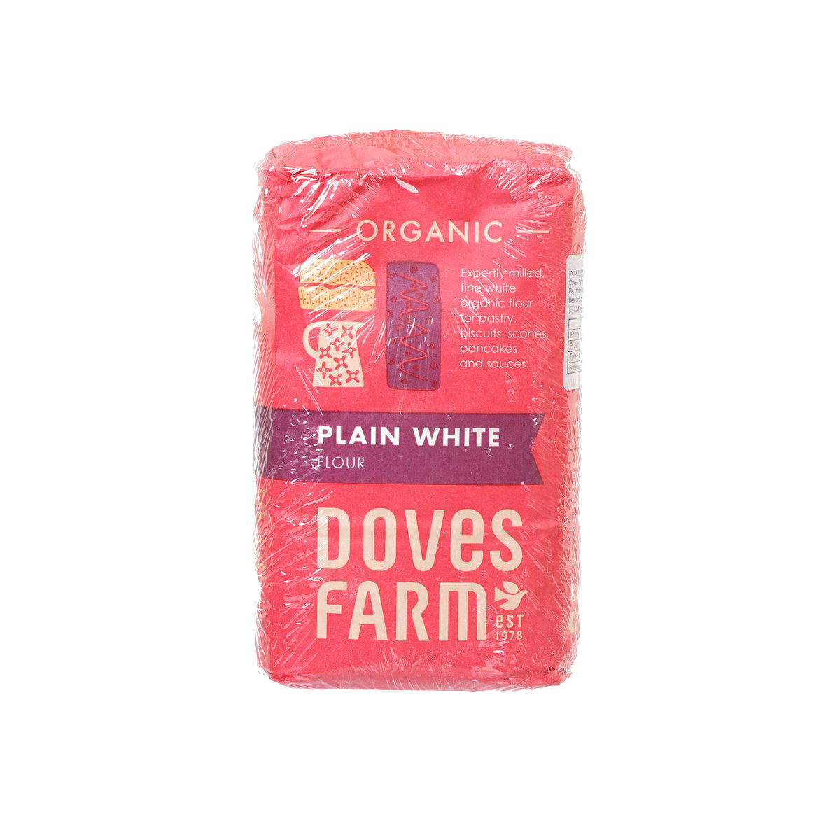 Doves Farm organic plain white flour 1kg bag, red printed packaging