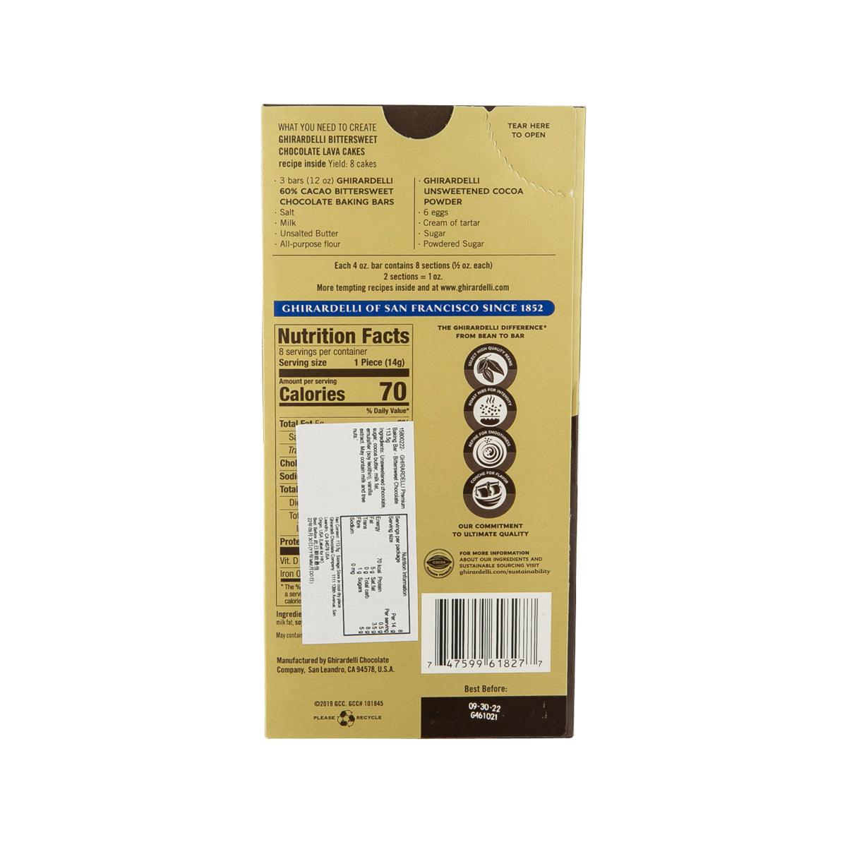 GHIRARDELLI bittersweet chocolate baking bar box back with nutrition facts panel