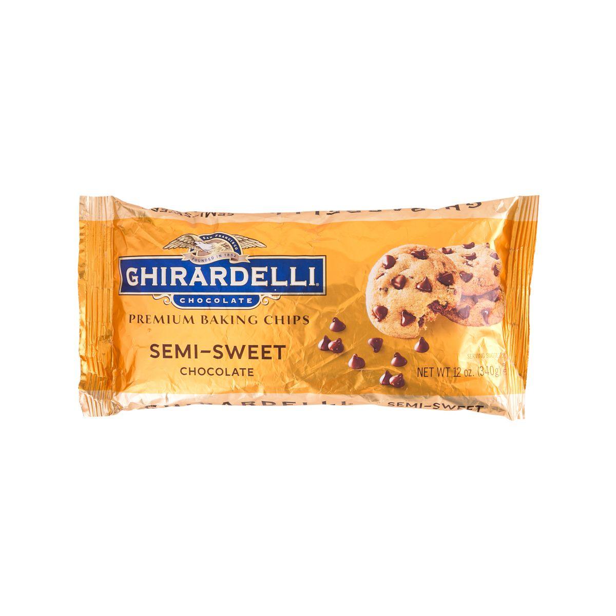 GHIRARDELLI semi-sweet chocolate chips bag, premium baking chips, front view