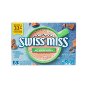 Hot cocoa mix pouch, Swiss Miss logo and green no sugar added panel