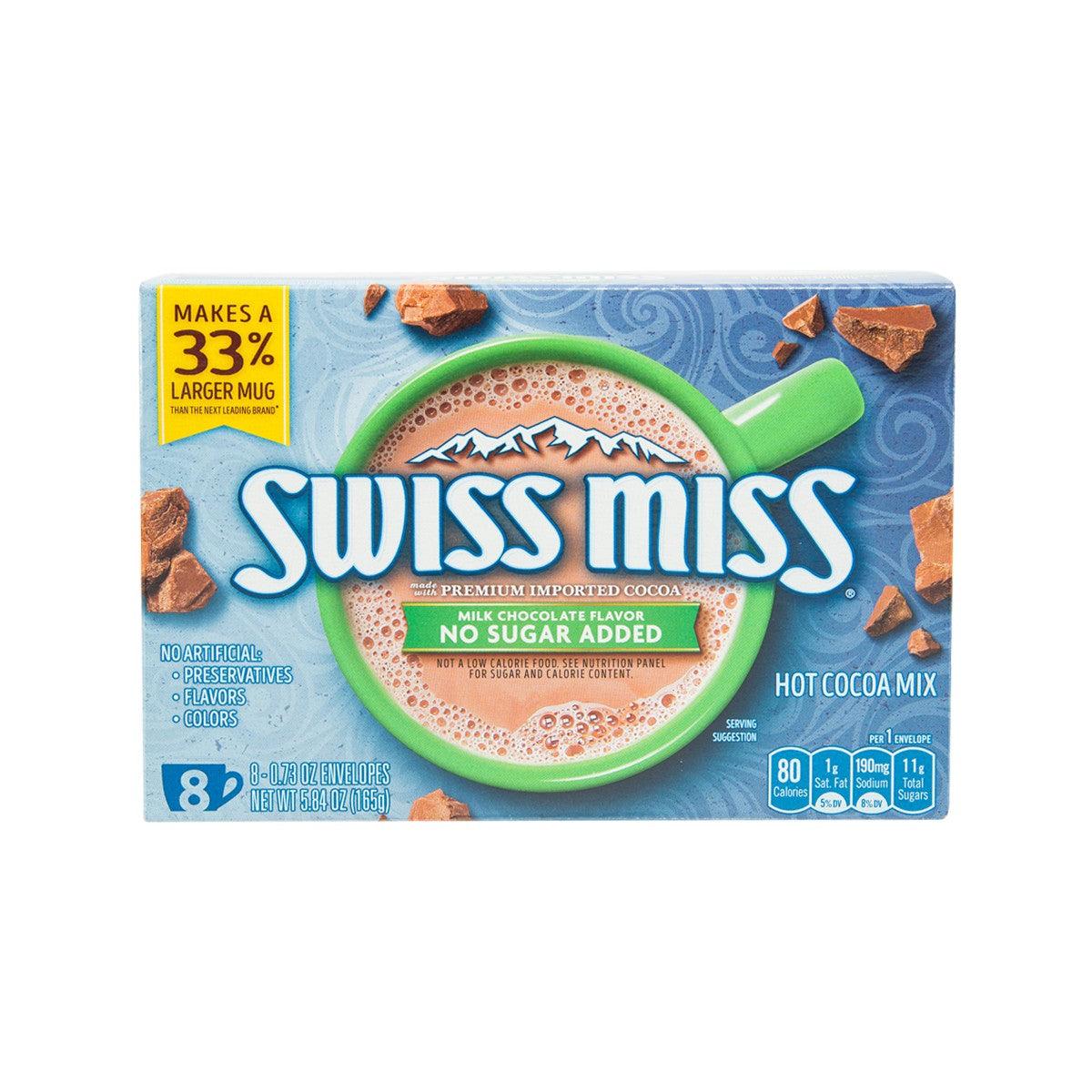 Hot cocoa mix pouch, Swiss Miss logo and green no sugar added panel