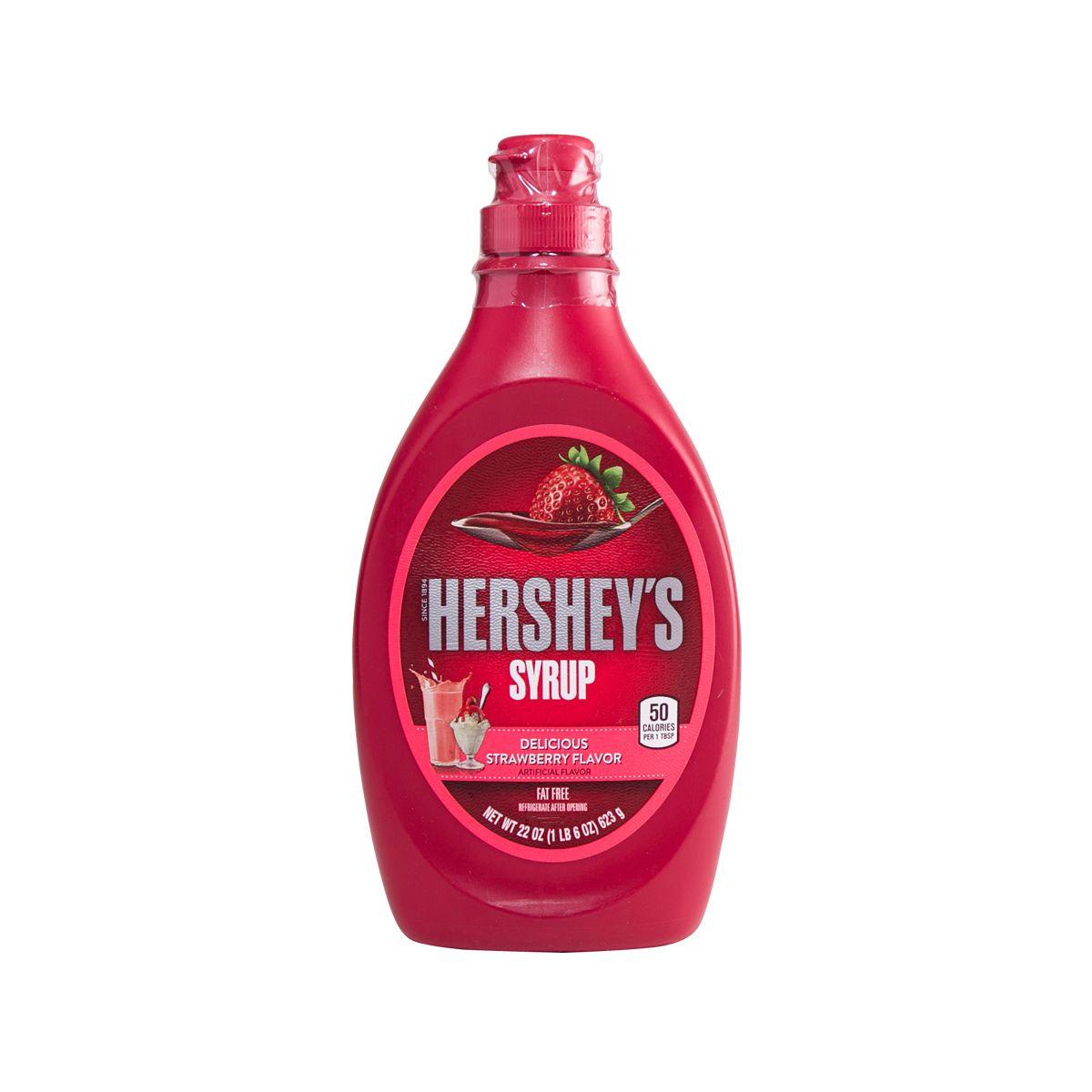 HERSHEY'S strawberry syrup bottle with red squeeze cap and label, 623 g