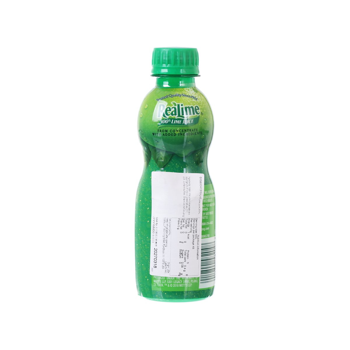 REALIME lime juice bottle, 240 mL, green with nutrition panel on back