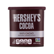 HERSHEY'S cocoa powder container, maroon label with 100% cacao and unsweetened text.