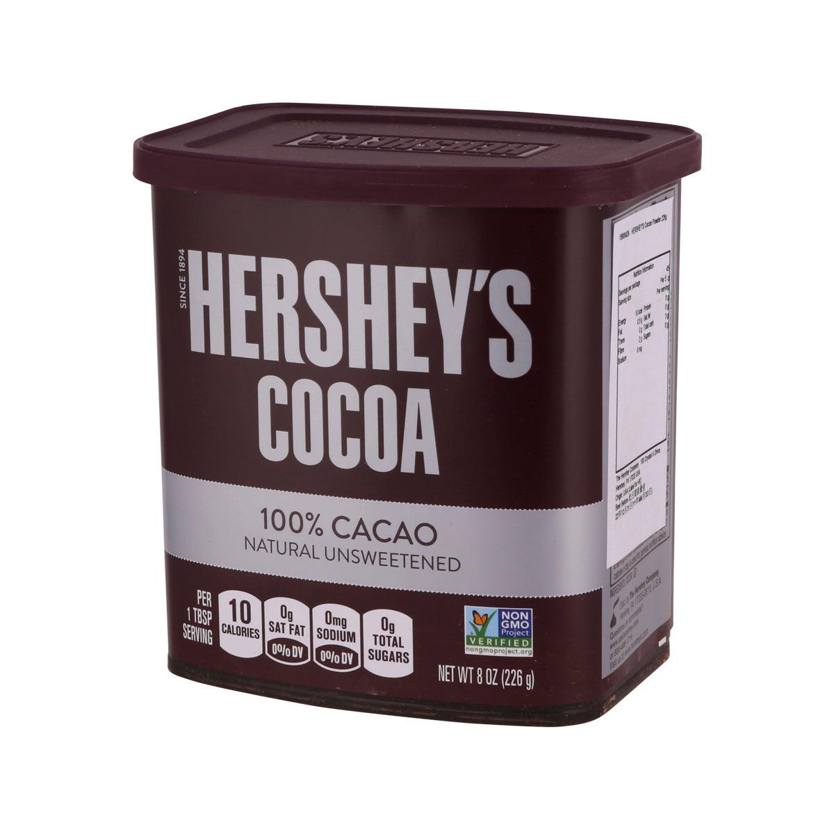 HERSHEY'S cocoa powder tub, maroon lid and side panel with product details.