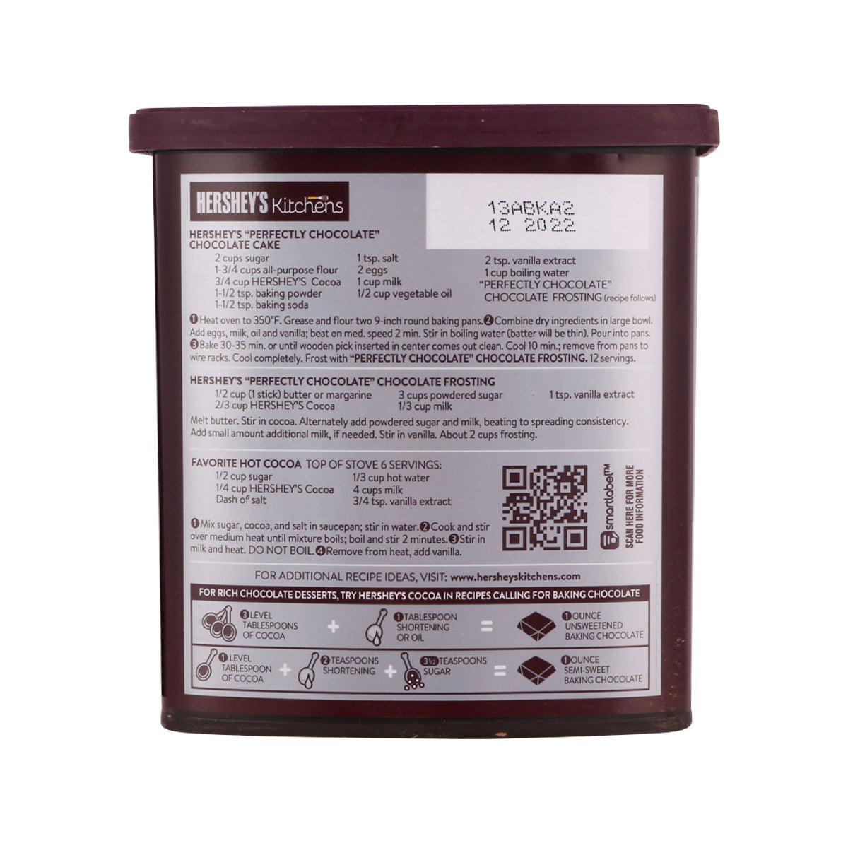 HERSHEY'S cocoa powder tub, back label with ingredients and recipe information.
